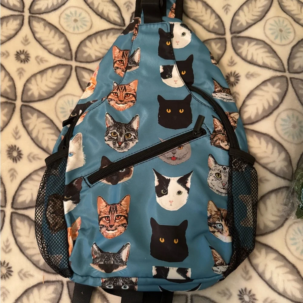 Cat Print Blue Sling Backpack